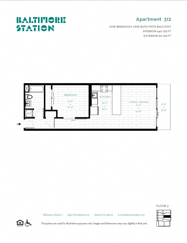 Floor plan for 1 bed, 1 bath, 640 sqft